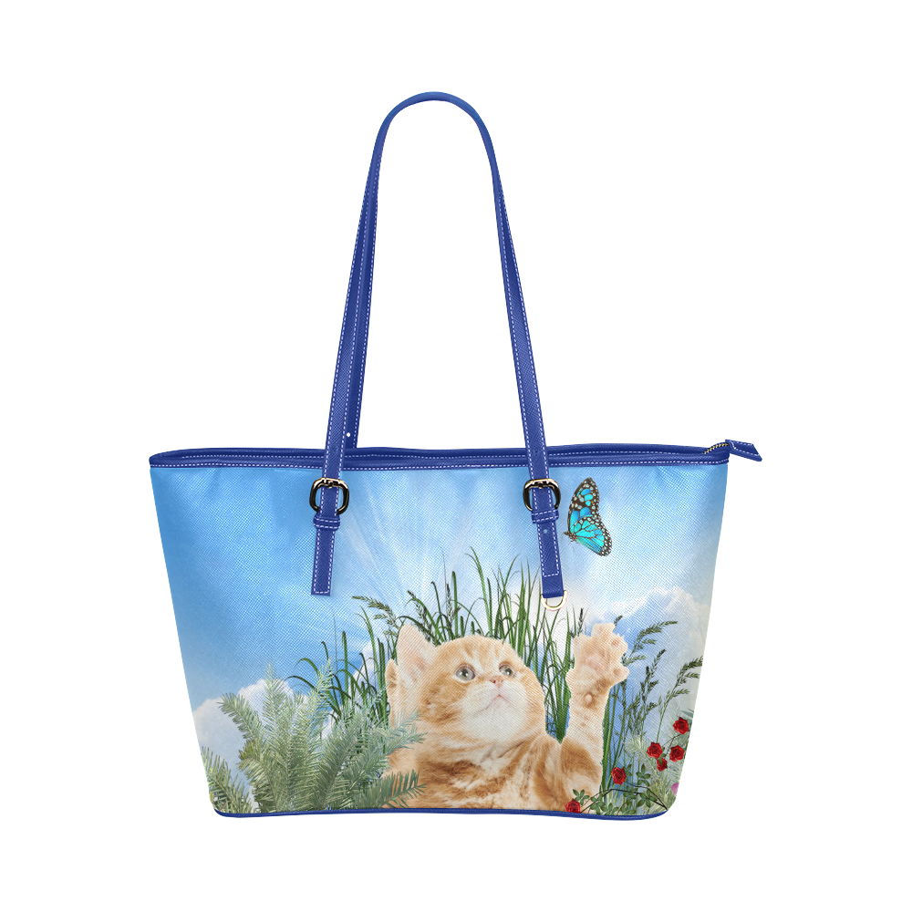 Butterfly playing with kitty Leather Tote Bag/Small (Model 1651)