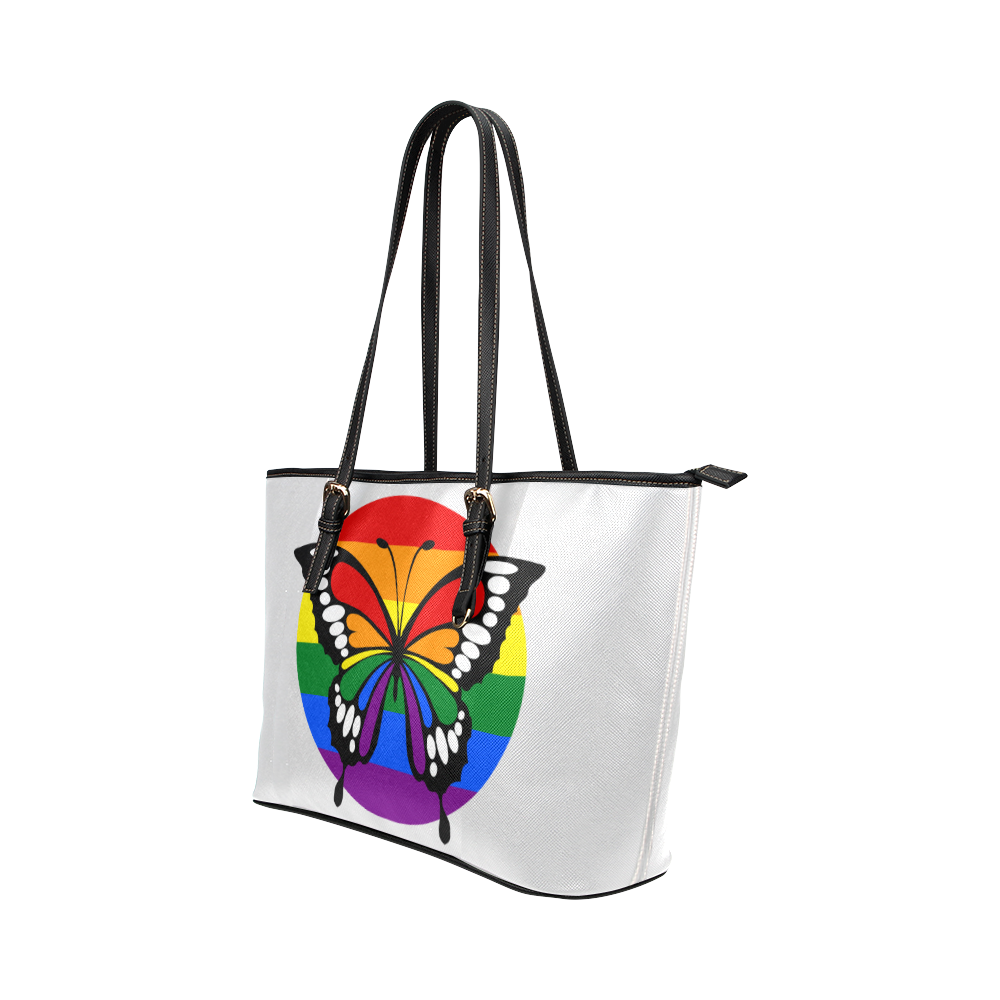Dot Rainbow Flag Stripes Butterfly Silhouette Leather Tote Bag/Large (Model 1651)