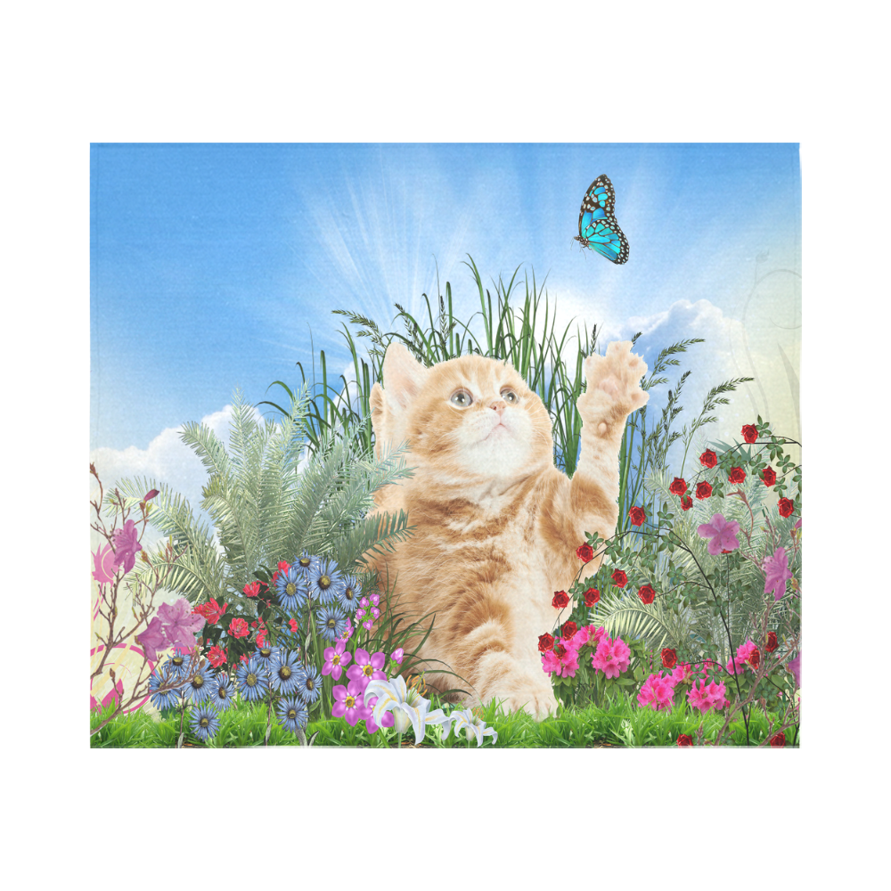 Butterfly  playing with kitty Cotton Linen Wall Tapestry 60"x 51"