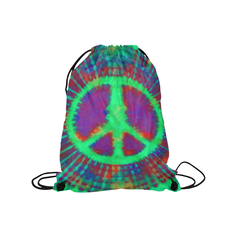 Psychedelic Tie Dye Green Peace Sign Medium Drawstring Bag Model 1604 (Twin Sides) 13.8"(W) * 18.1"(H)