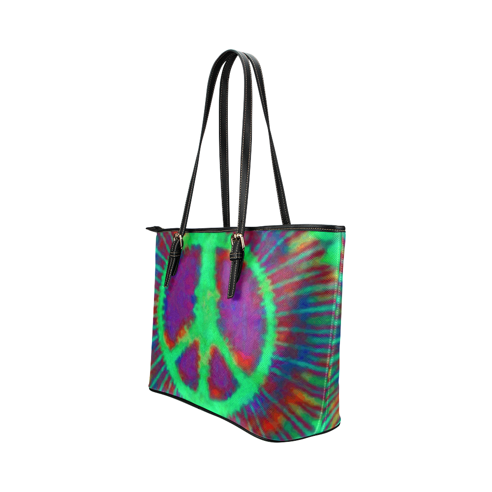 Psychedelic Tie Dye Green Peace Sign Leather Tote Bag/Small (Model 1651)