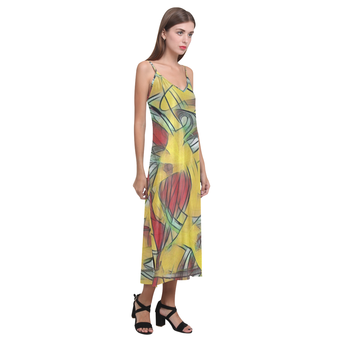 abstract joy 5 by JamColors V-Neck Open Fork Long Dress(Model D18)