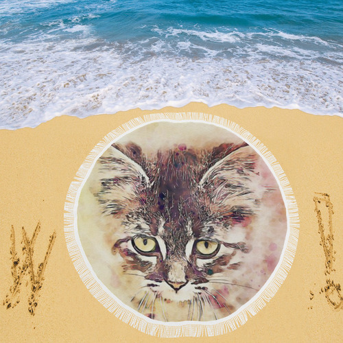 watercolor cat Circular Beach Shawl 59"x 59"