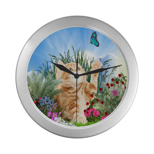 Butterfly  playing with kitty Silver Color Wall Clock
