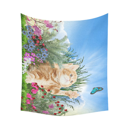 Butterfly  playing with kitty Cotton Linen Wall Tapestry 60"x 51"