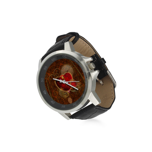 Steampunk, valentines heart with gears Unisex Stainless Steel Leather Strap Watch(Model 202)
