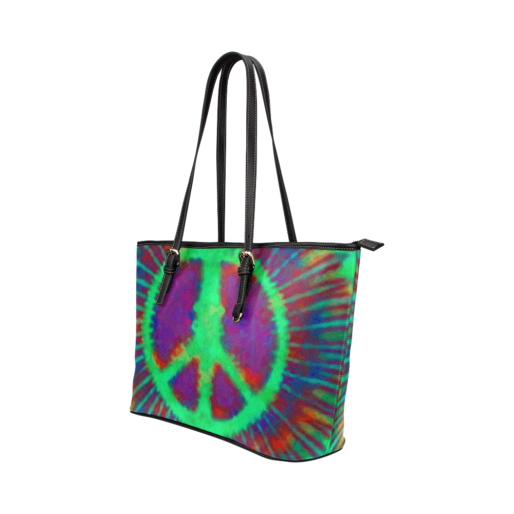 Psychedelic Tie Dye Green Peace Sign Leather Tote Bag/Small (Model 1651)