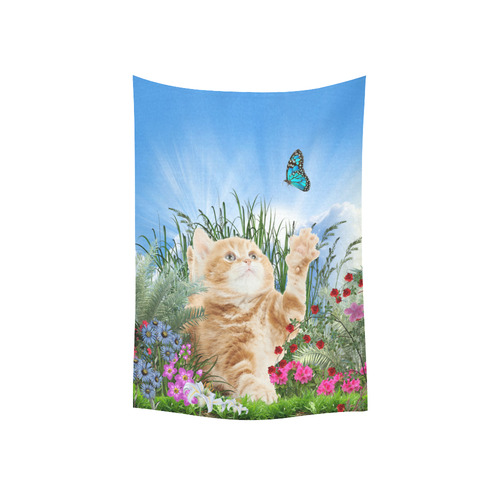 Butterfly  playing with kitty Cotton Linen Wall Tapestry 40"x 60"
