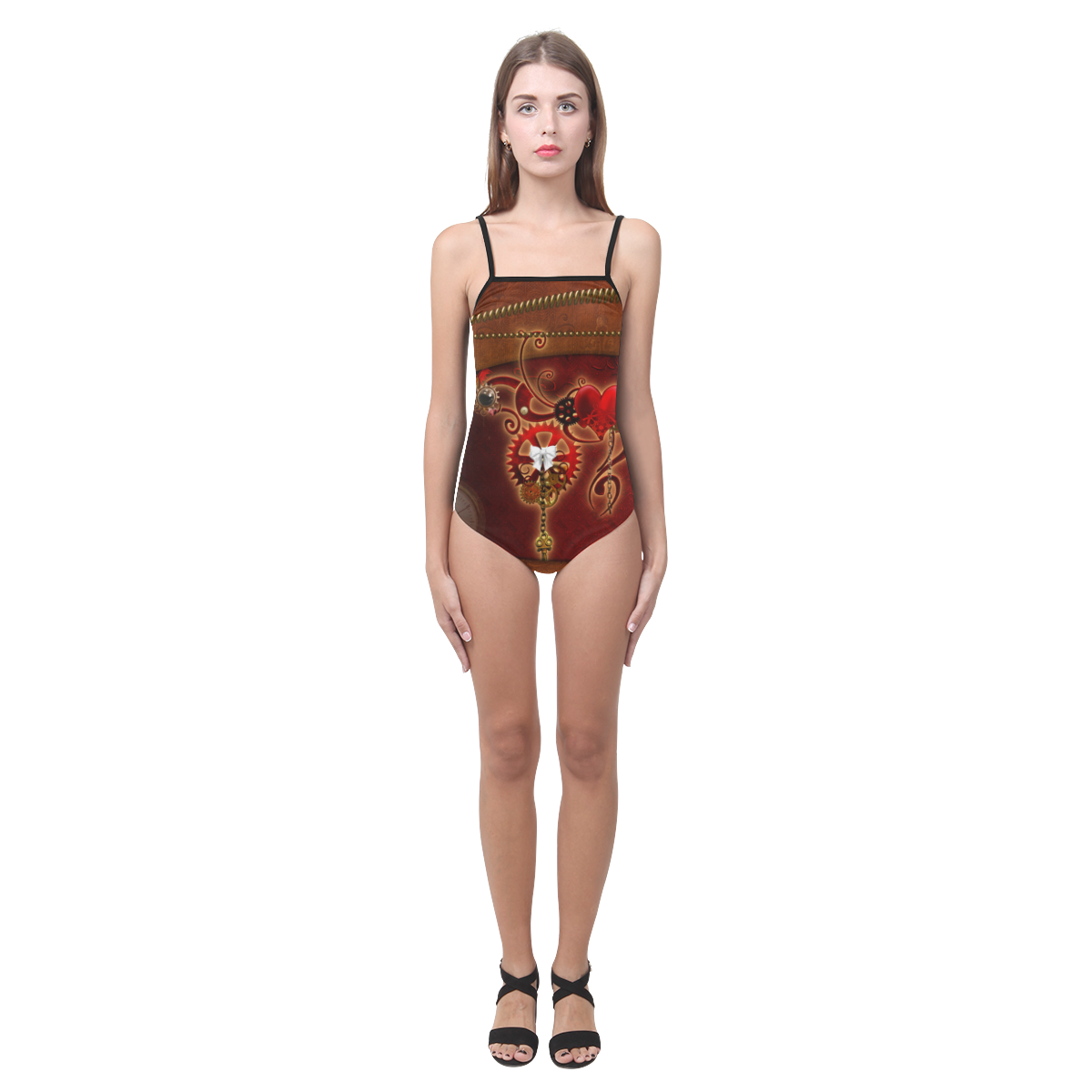 steampunk, hearts, clocks and gears Strap Swimsuit ( Model S05)