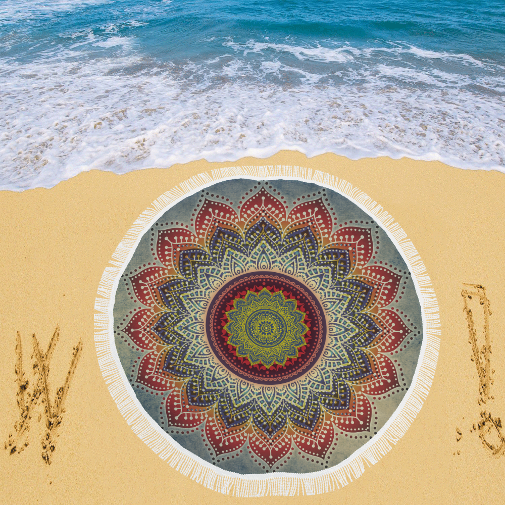 Folk Art MANDALA - dirty grunge blue red Circular Beach Shawl 59"x 59"