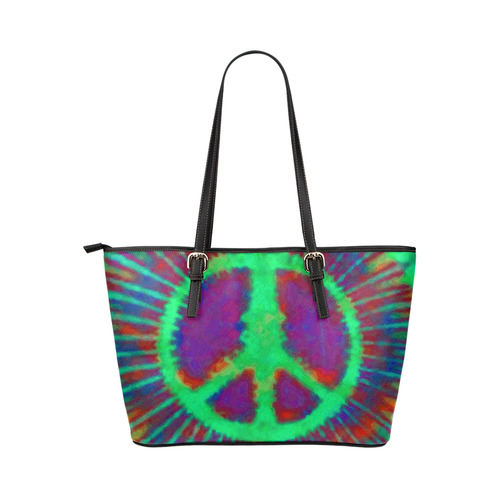 Psychedelic Tie Dye Green Peace Sign Leather Tote Bag/Small (Model 1651)