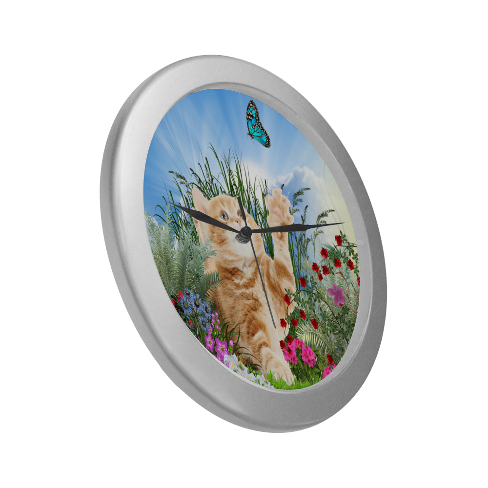 Butterfly  playing with kitty Silver Color Wall Clock
