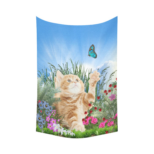 Butterfly  playing with kitten Cotton Linen Wall Tapestry 60"x 90"