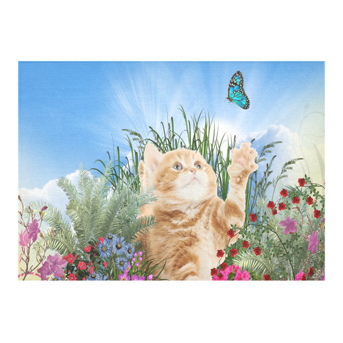 Butterfly  playing with kitten Cotton Linen Tablecloth 60"x 84"