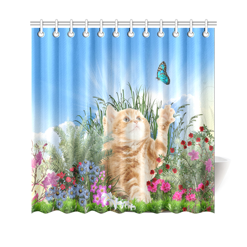 Butterfly  playing with kitty Shower Curtain 69"x70"