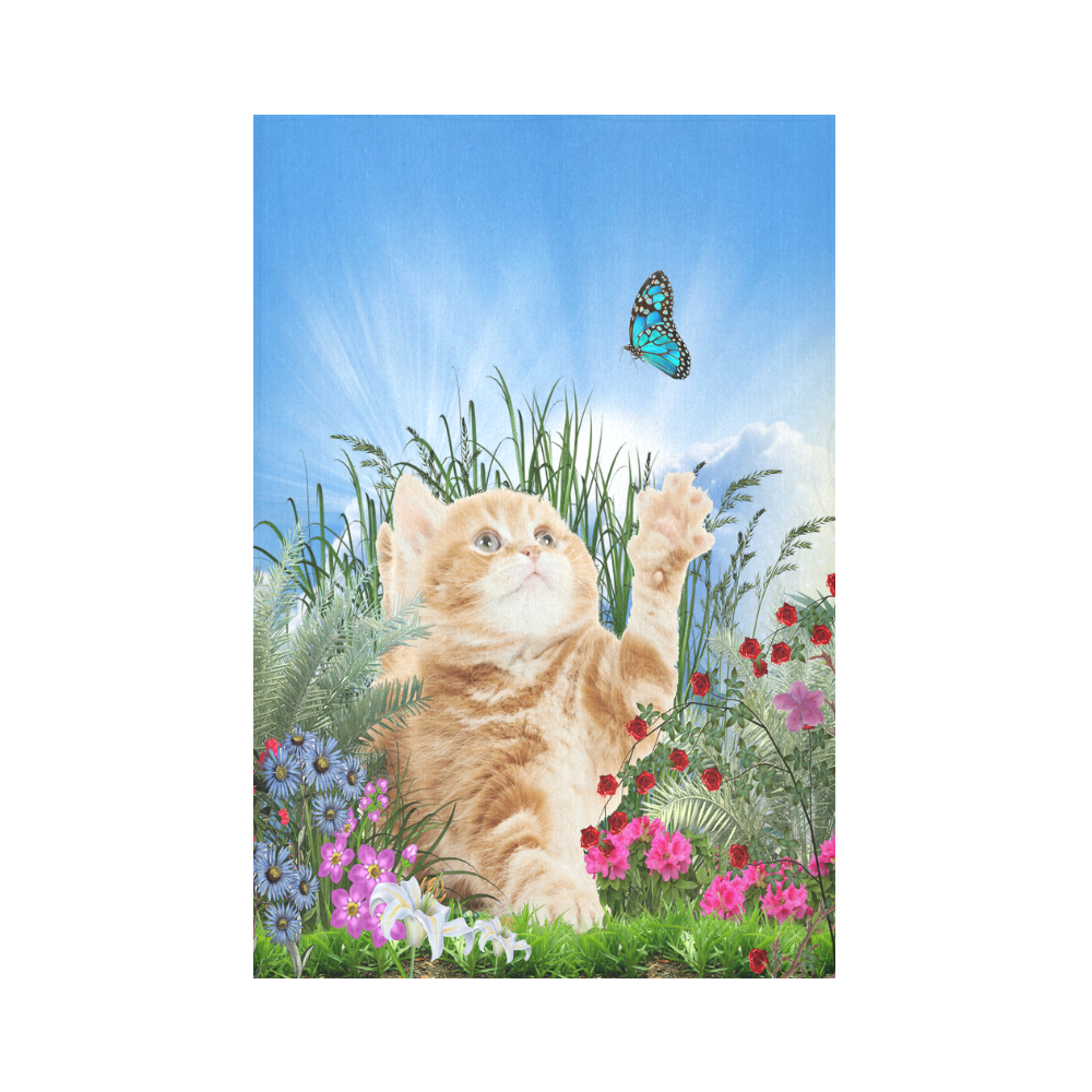 Butterfly  playing with kitten Cotton Linen Wall Tapestry 60"x 90"