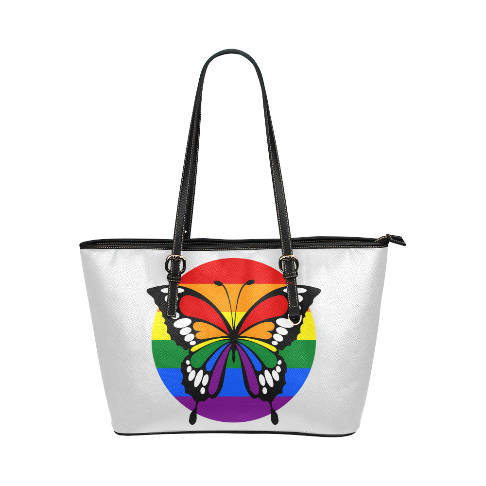 Dot Rainbow Flag Stripes Butterfly Silhouette Leather Tote Bag/Large (Model 1651)