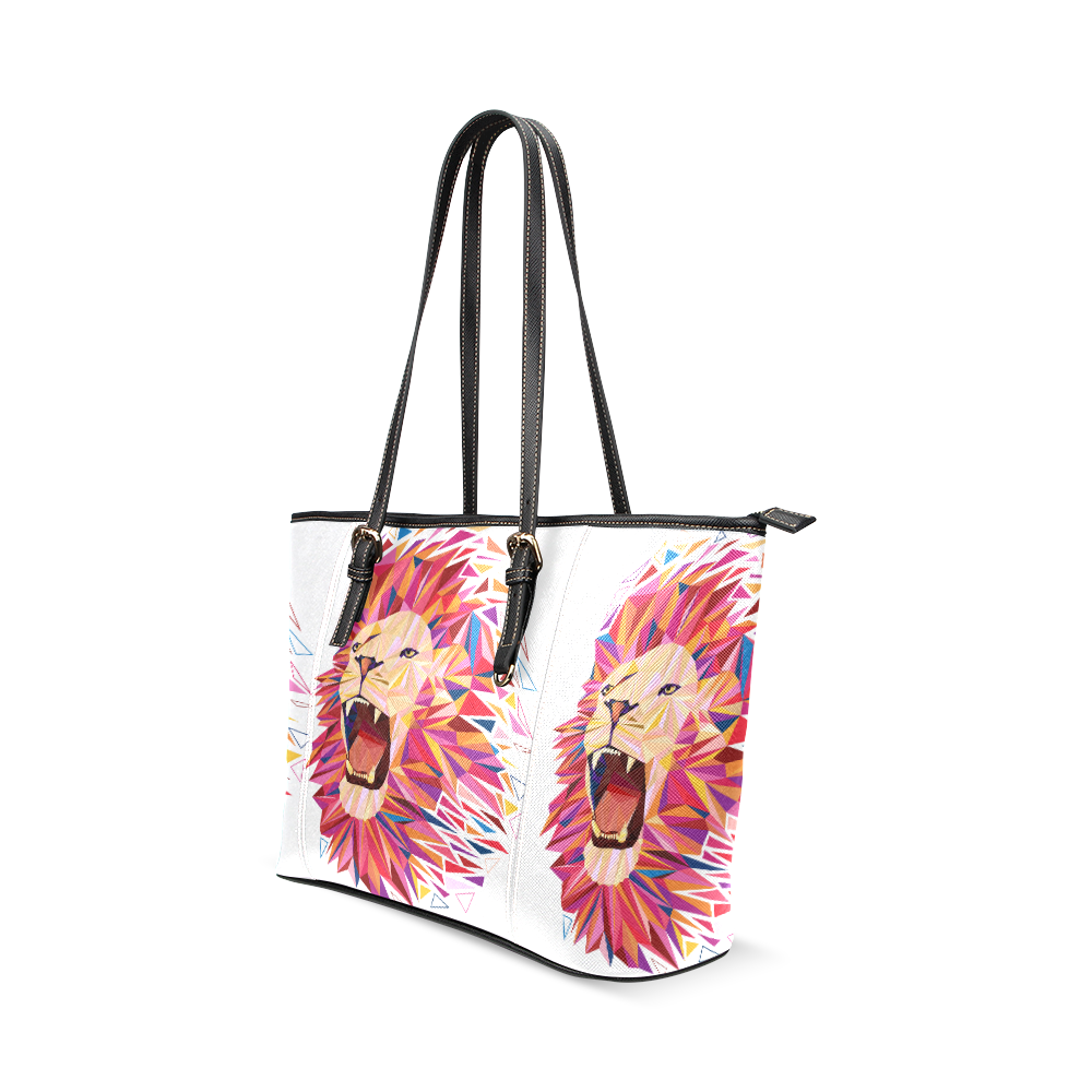 lion roaring polygon triangles Leather Tote Bag/Large (Model 1640)