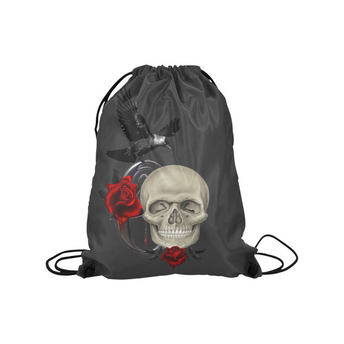 Gothic Skull With Raven And Roses Medium Drawstring Bag Model 1604 (Twin Sides) 13.8"(W) * 18.1"(H)