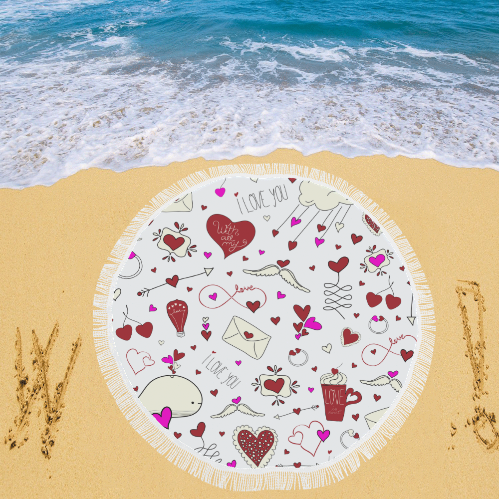 Valentine's Day LOVE HEARTS pattern red pink Circular Beach Shawl 59"x 59"