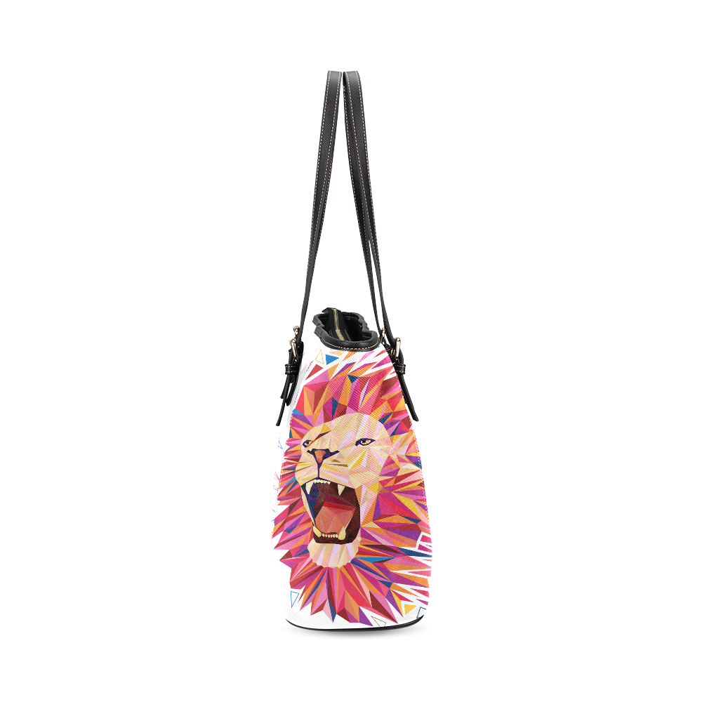 lion roaring polygon triangles Leather Tote Bag/Small (Model 1640)