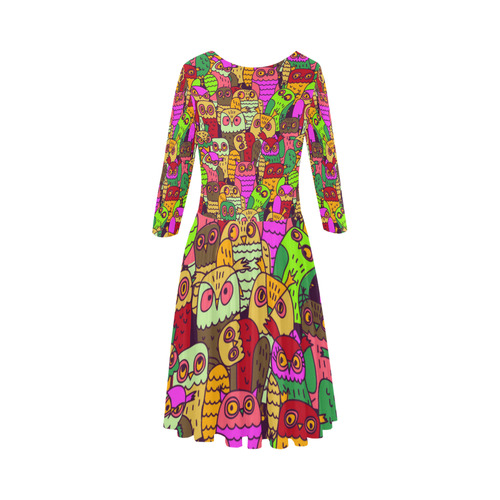 Cute Colorful Owls Nature Pattern Elbow Sleeve Ice Skater Dress (D20)