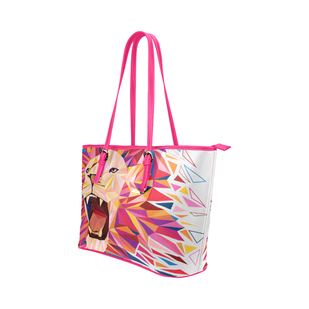 lion roaring polygon triangles Leather Tote Bag/Large (Model 1651)