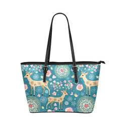 Love Birds Hearts Flowers Deer Leather Tote Bag/Large (Model 1651)