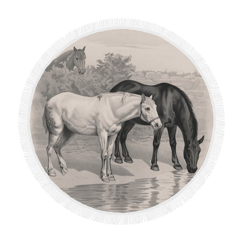 3 horses B&W vintage art, by JamColors Circular Beach Shawl 59"x 59"