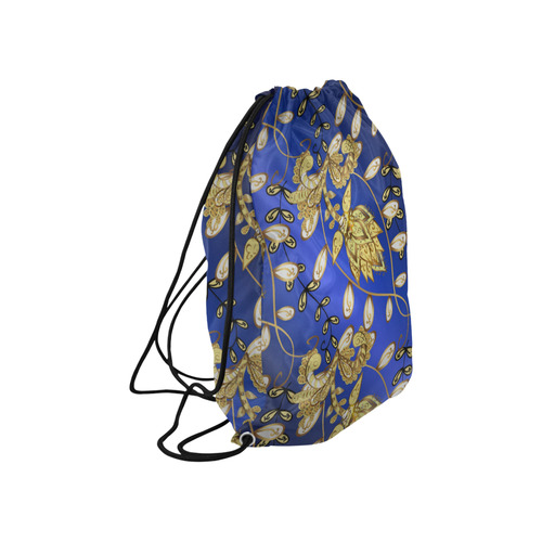 Beautiful Blue Gold Floral Vintage Pattern Large Drawstring Bag Model 1604 (Twin Sides)  16.5"(W) * 19.3"(H)