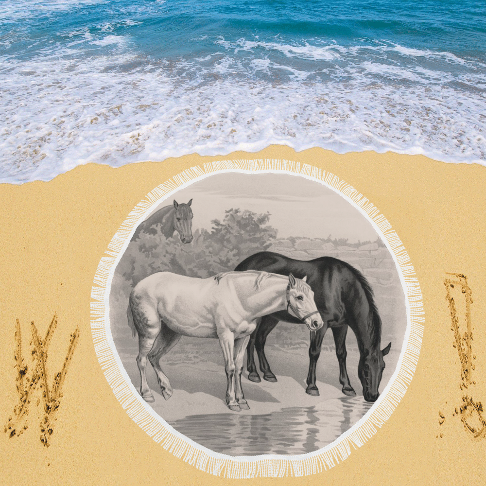 3 horses B&W vintage art, by JamColors Circular Beach Shawl 59"x 59"