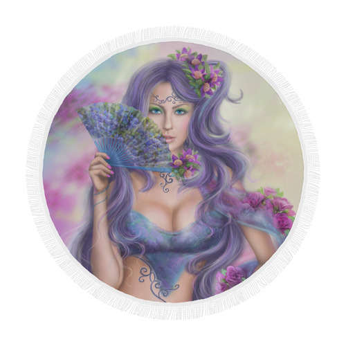 Beautiful Girl Fantasy with Fan Circular Beach Shawl 59"x 59"