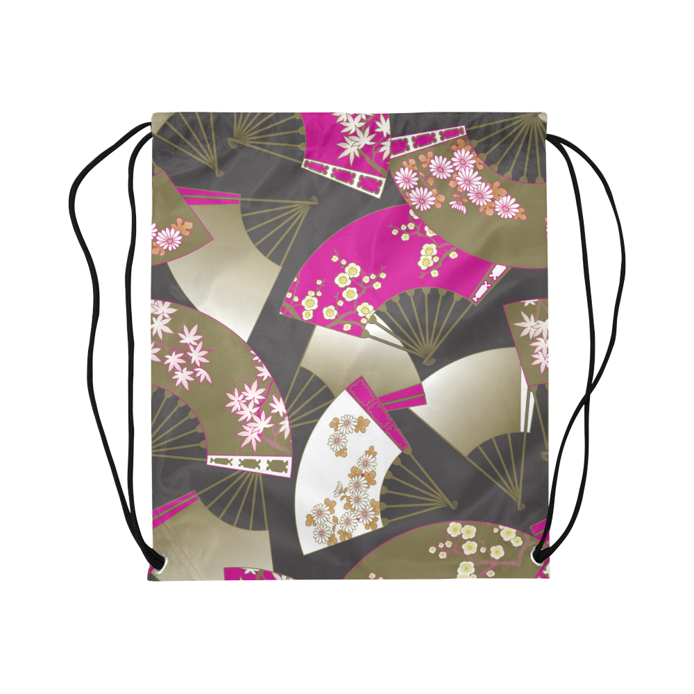 Beautiful Floral Fans Vintage Japanese Sakura Large Drawstring Bag Model 1604 (Twin Sides)  16.5"(W) * 19.3"(H)