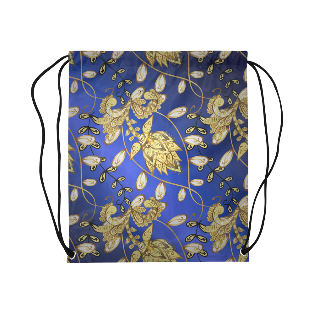 Beautiful Blue Gold Floral Vintage Pattern Large Drawstring Bag Model 1604 (Twin Sides)  16.5"(W) * 19.3"(H)