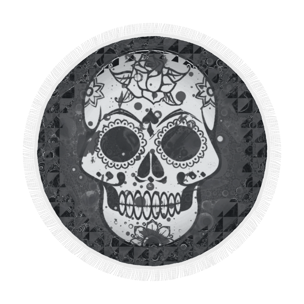 black and white Skull Circular Beach Shawl 59"x 59"