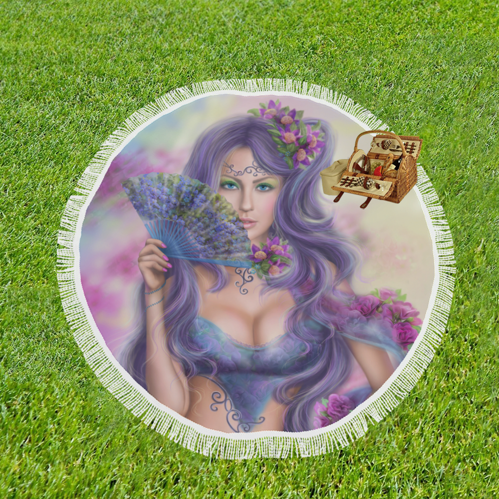 Beautiful Girl Fantasy with Fan Circular Beach Shawl 59"x 59"