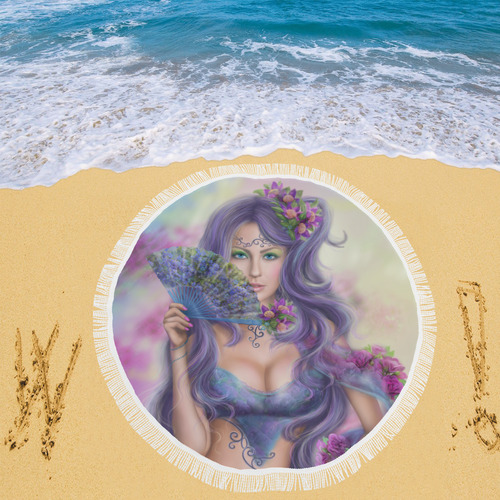 Beautiful Girl Fantasy with Fan Circular Beach Shawl 59"x 59"