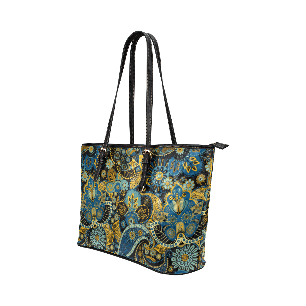 Beautiful Paisley Vintage Aqua Gold Floral Leather Tote Bag/Small (Model 1651)
