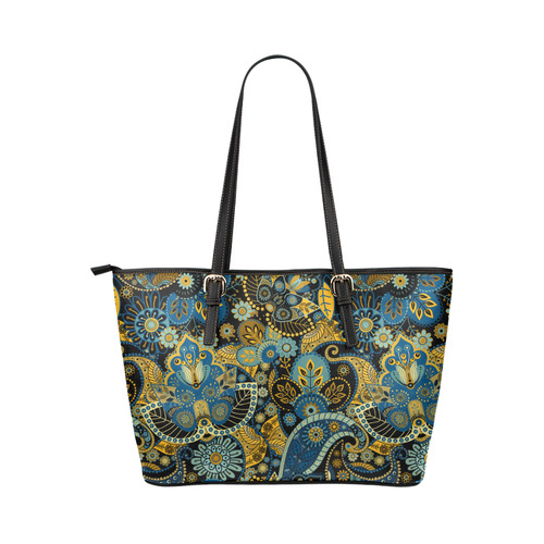 Beautiful Paisley Vintage Aqua Gold Floral Leather Tote Bag/Small (Model 1651)