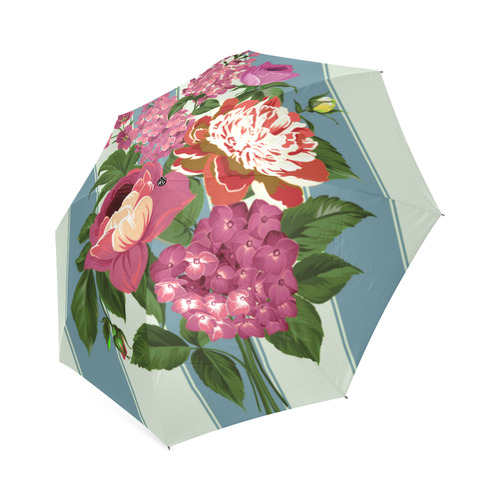 Vintage Beautiful Pink Floral Teal Stripes Foldable Umbrella (Model U01)