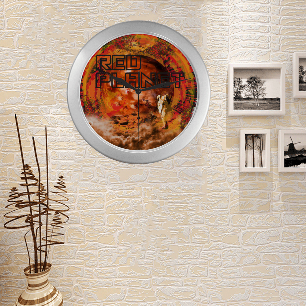 Mars Red Planet Graphic Design Silver Color Wall Clock
