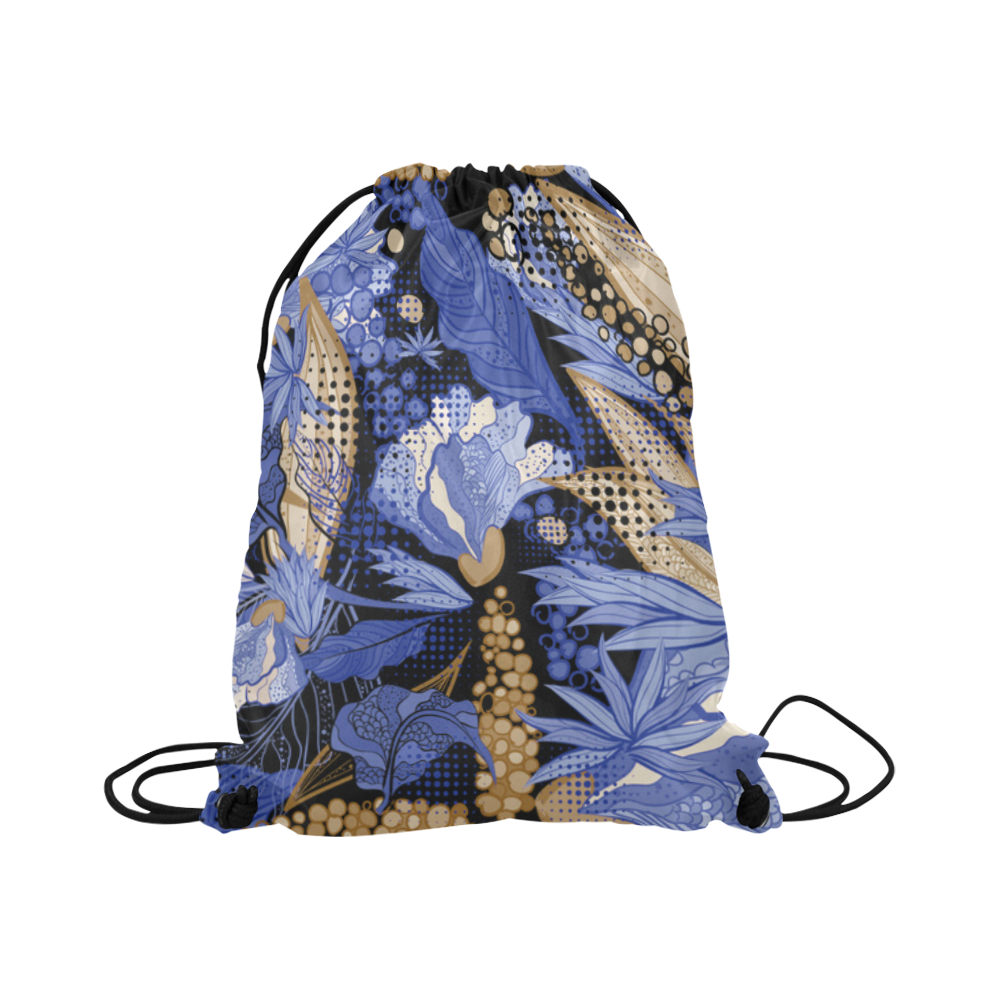 Beautiful Vintage Blue Brown Floral Pattern Large Drawstring Bag Model 1604 (Twin Sides)  16.5"(W) * 19.3"(H)