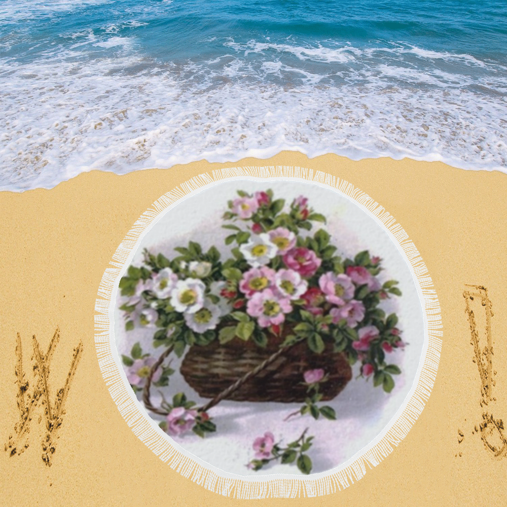 Vintage Wild Roses Basket Circular Beach Shawl 59"x 59"