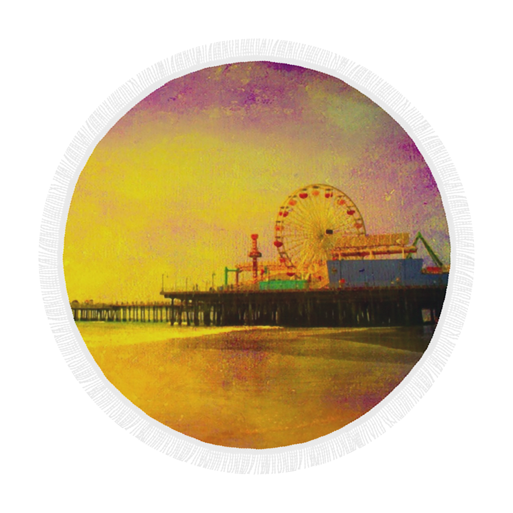 Yellow Purple Santa Monica Pier Circular Beach Shawl 59"x 59"