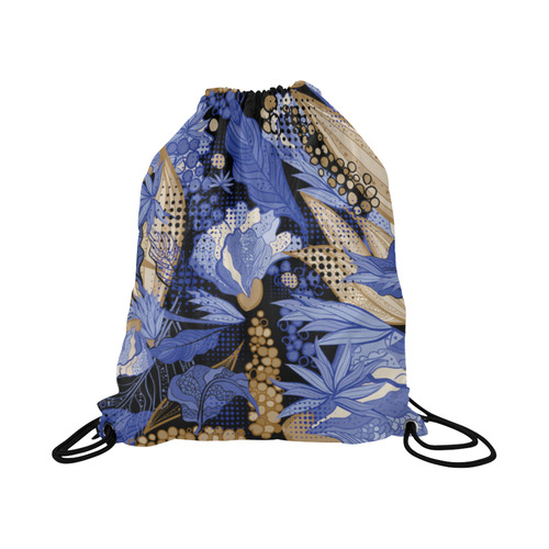 Beautiful Vintage Blue Brown Floral Pattern Large Drawstring Bag Model 1604 (Twin Sides)  16.5"(W) * 19.3"(H)