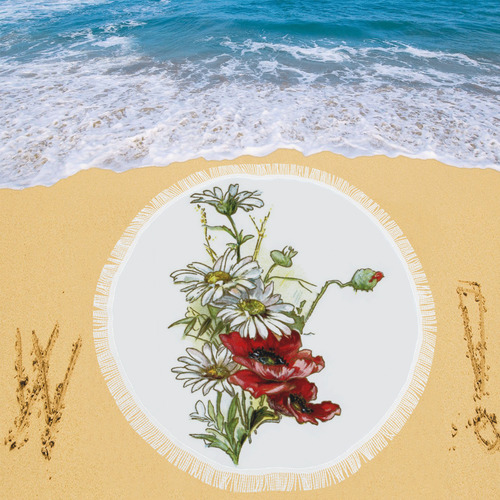 Vintage Floral Daisies Poppies Circular Beach Shawl 59"x 59"