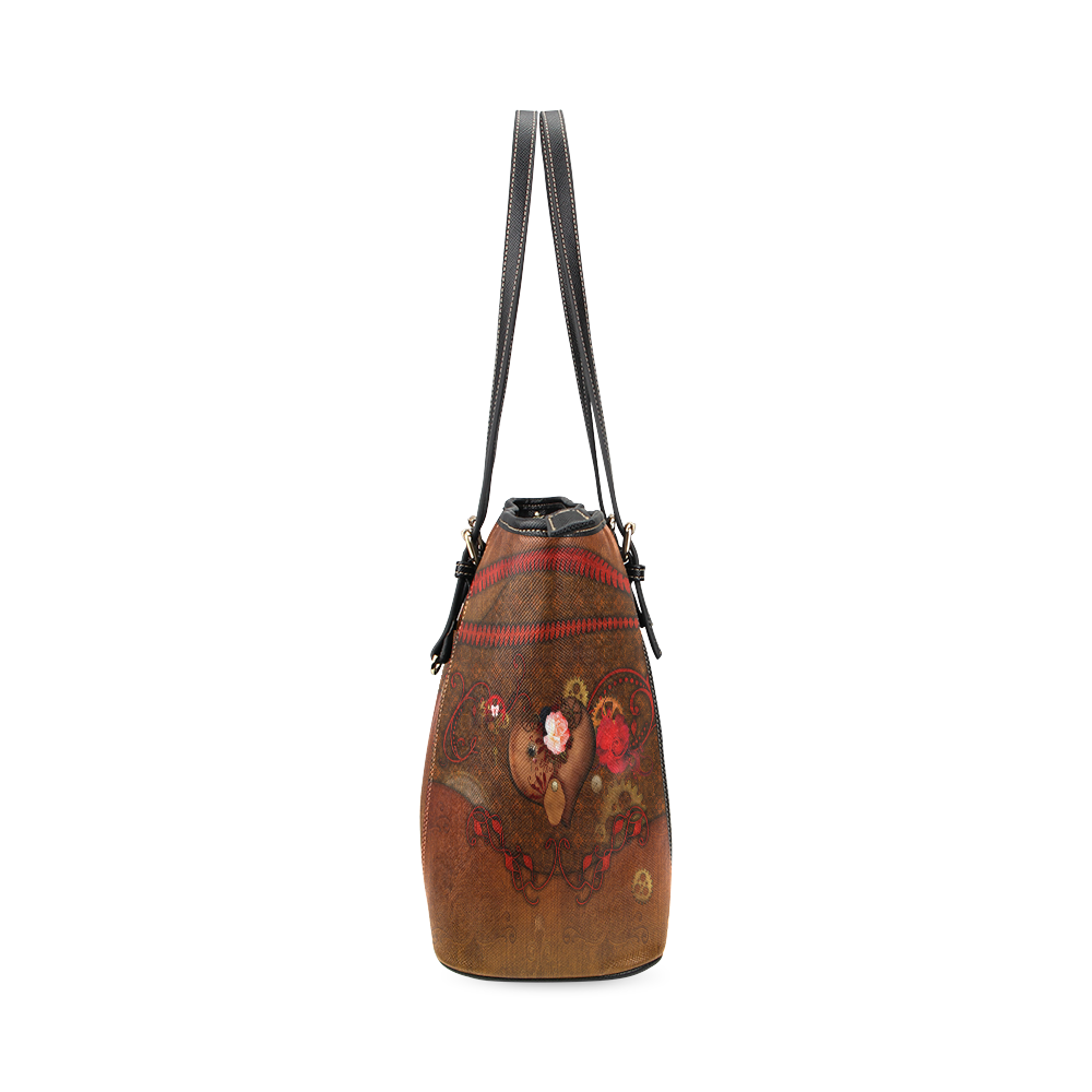 Steampunk heart with roses, valentines Leather Tote Bag/Large (Model 1640)