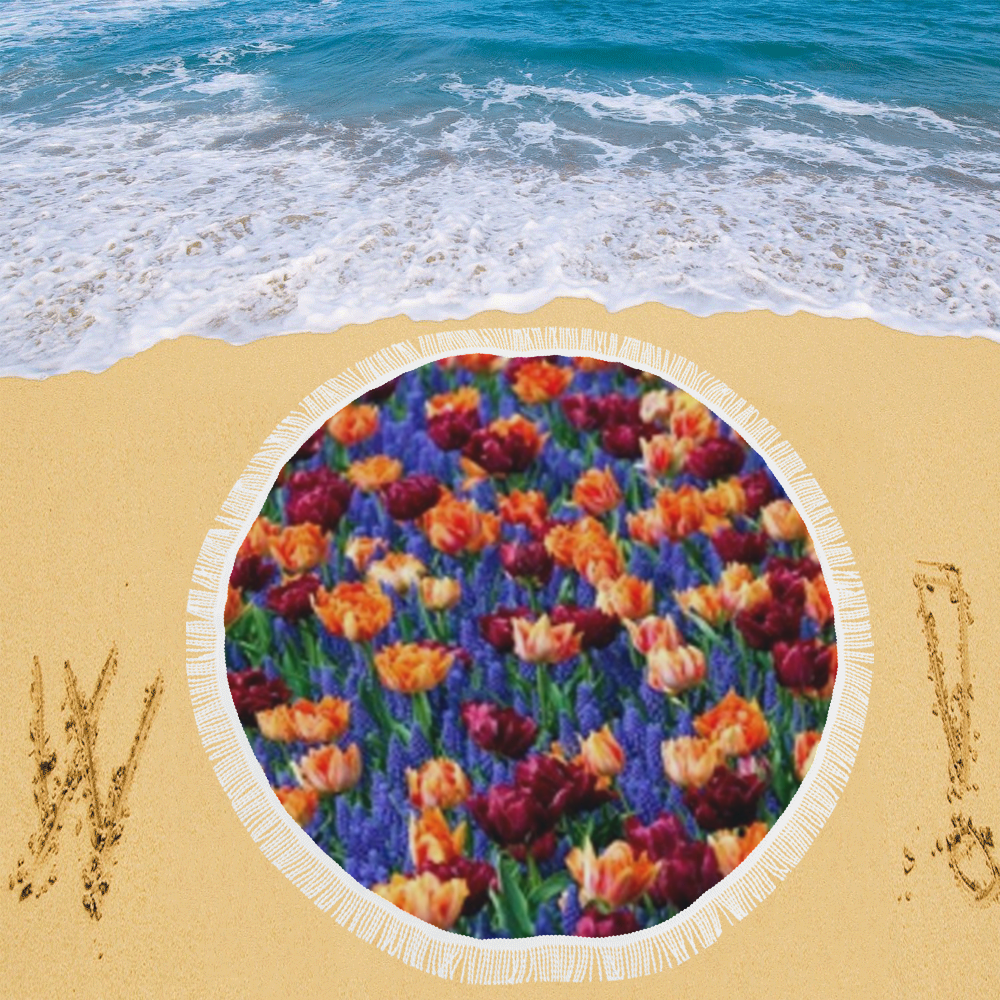 Colorful Tulips and Purple Hyacinth Circular Beach Shawl 59"x 59"