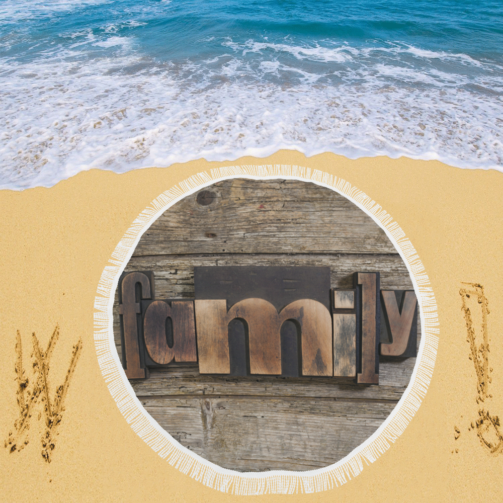 Family Word with Vintage Letterpress Blocks Circular Beach Shawl 59"x 59"