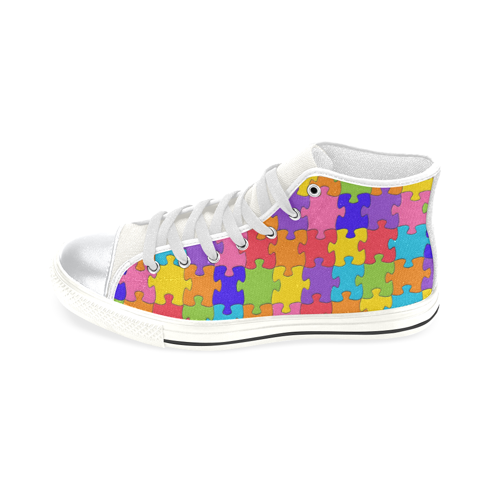 Multicolored Jigsaw Puzzle High Top Canvas Shoes for Kid (Model 017)